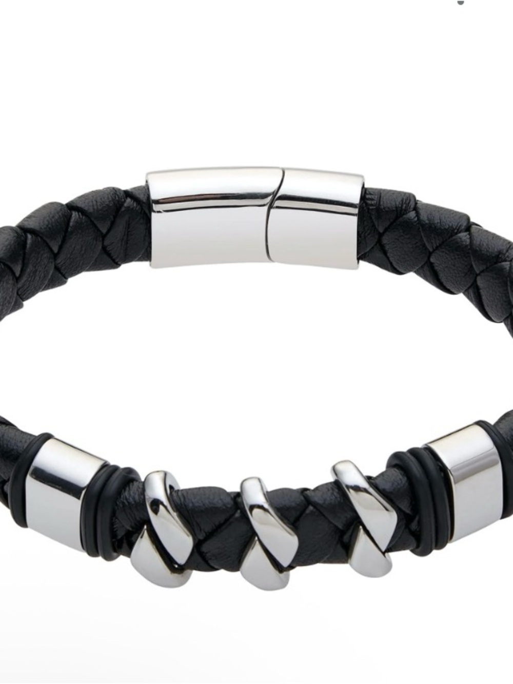 American Exchange Men’s Black Braided Leather Bracelet with Silver Accents
